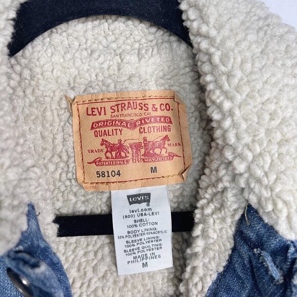 Levis Womens M Blue Sherpa Denim Trucker Jean Jacket Cream Cotton Button Front - Picture 8 of 9